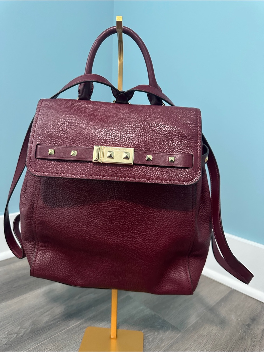 Michael Kors Merlot Leather Backpack with Gold Studs